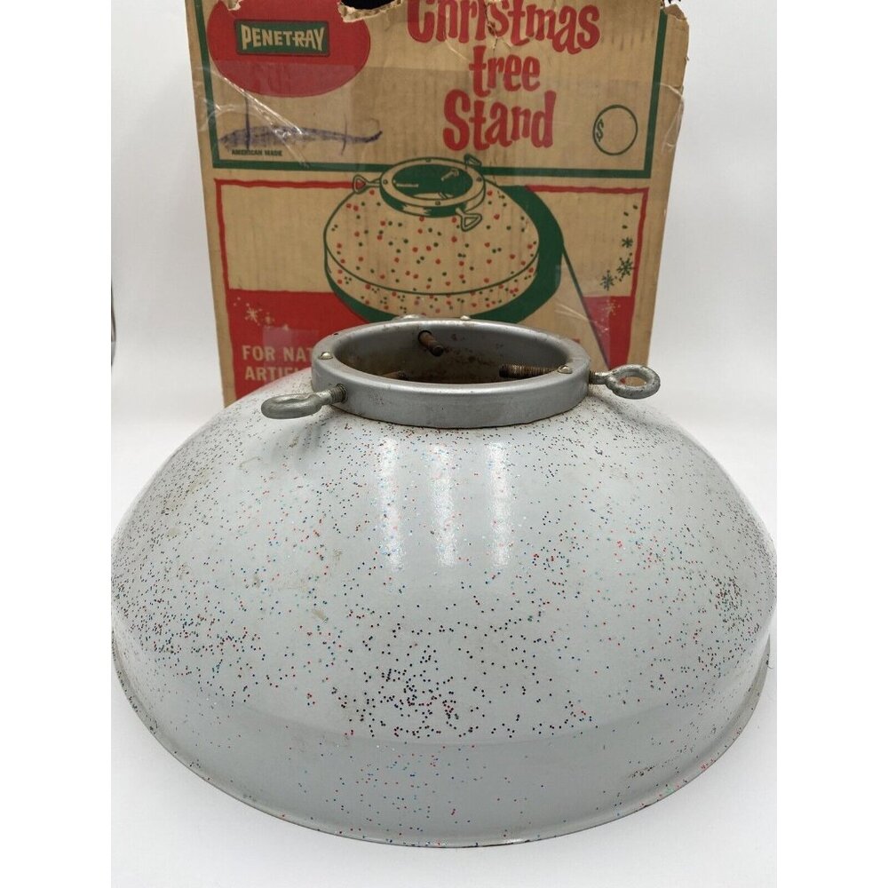 Vintage Penetray Christmas Tree Stand Box White Sparkly Gliter USA Metal 1950's